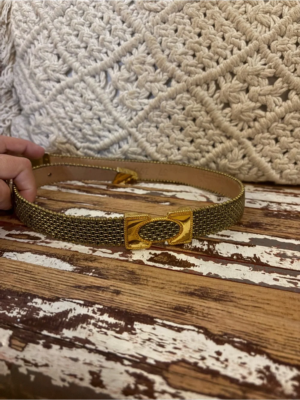 Gold Braided Chain Belt with Leather Trim - Designer Style Xs